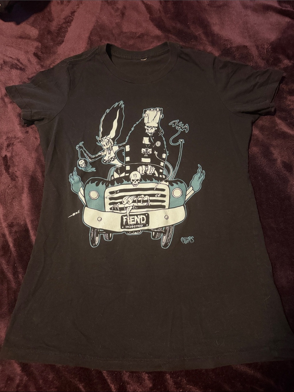 Toxic Toons Women’s Black Graphic Tee with Teal Car Illustration